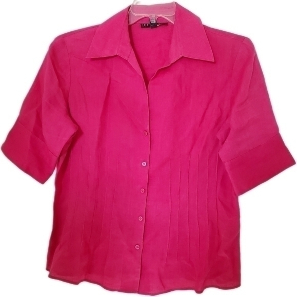 Lafayette 148 New York‎ Women's Pink Linen Short Sleeve Collar Button Up Shirt - Picture 11 of 11